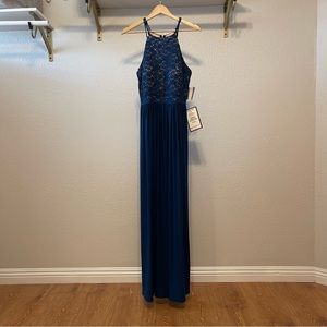 Macy’s NW Nightway Peackock/nude floor length sequence  formal dress size 8